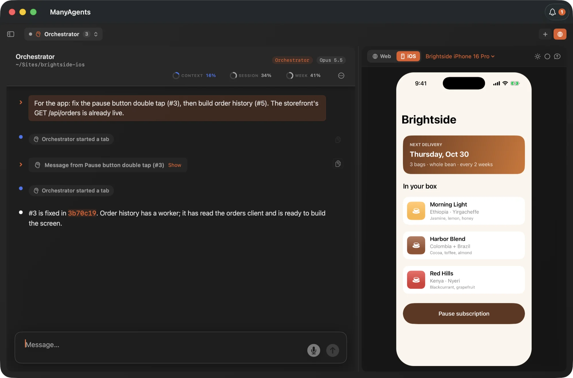 ManyAgents window. On the left, an Orchestrator tab for ~/Sites/brightside-ios reports that the pause button bug is fixed and that a worker is building order history. On the right, the preview panel set to iOS shows the Brightside app running in an iPhone 16 Pro simulator: next delivery Thursday, Oct 30, three coffees in the box, and a Pause subscription button.